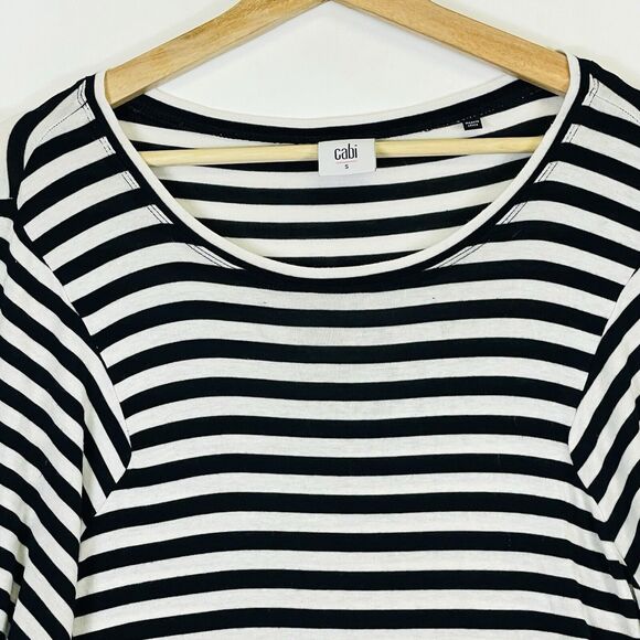 Cabi White Black Stripe Long Sleeve Jersey Knit T-Shirt Shirt Top Women's Small - Picture 2 of 6